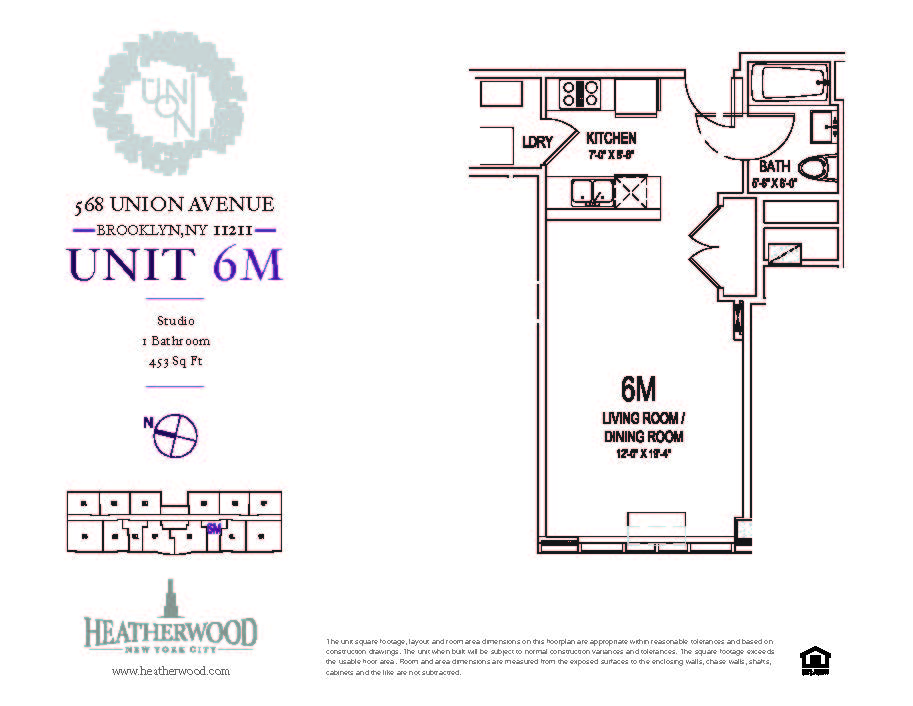Floorplan of studio apartment 453 sq ft.